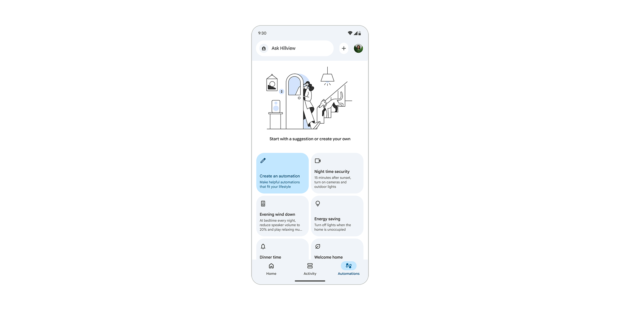 Google Home app Suggested Automations cards for security morning and energy saving