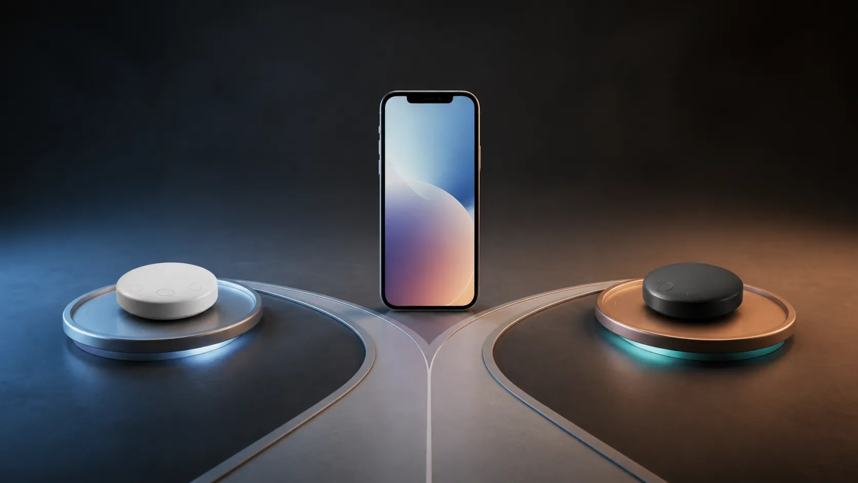 A smartphone standing between two tracker pucks with a forked path leading toward each ecosystem