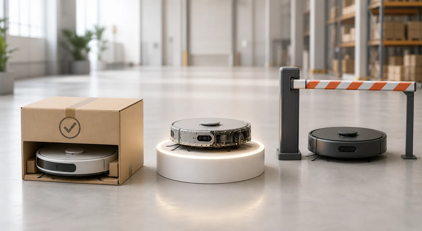 Three robot vacuums shown as shipped, in development, and restricted products