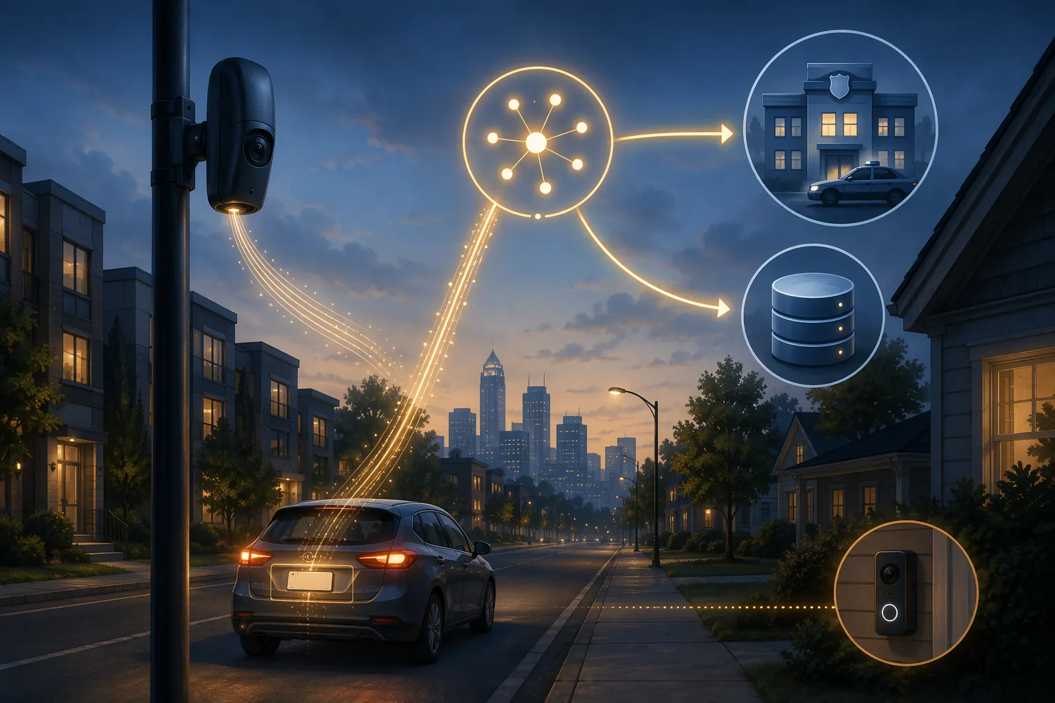 Illustration of a car passing a pole camera while data lines flow to police and database icons