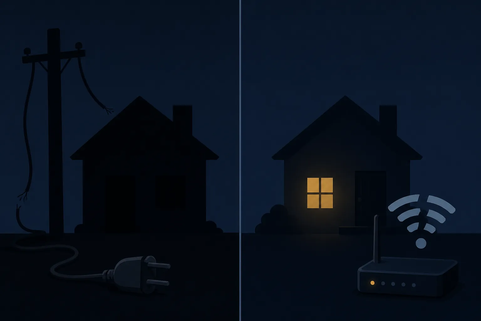Illustration contrasting a grid power outage with an internet outage and broken Wi-Fi signal