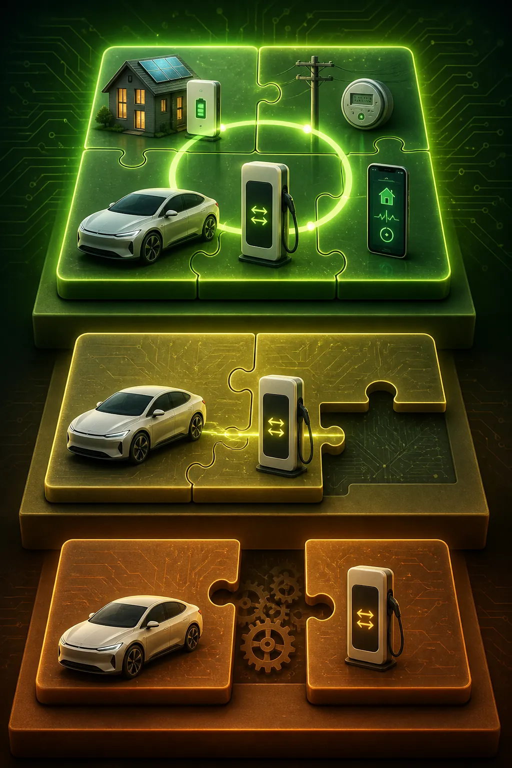 Three V2G readiness levels showing hardware, software activation, and full utility-connected smart home integration
