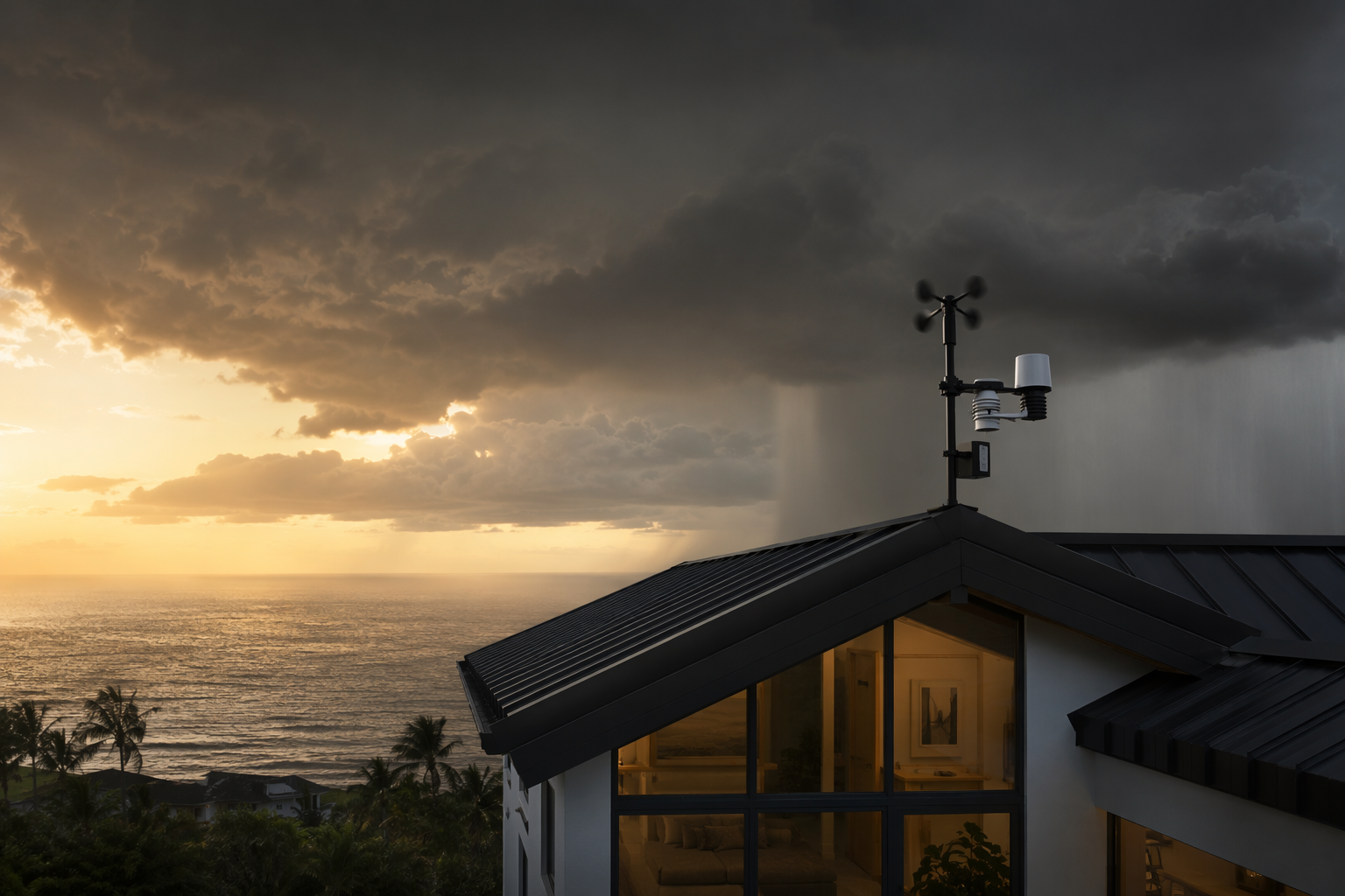 A coastal home with a roof-mounted weather station as hurricane storm bands approach from the ocean