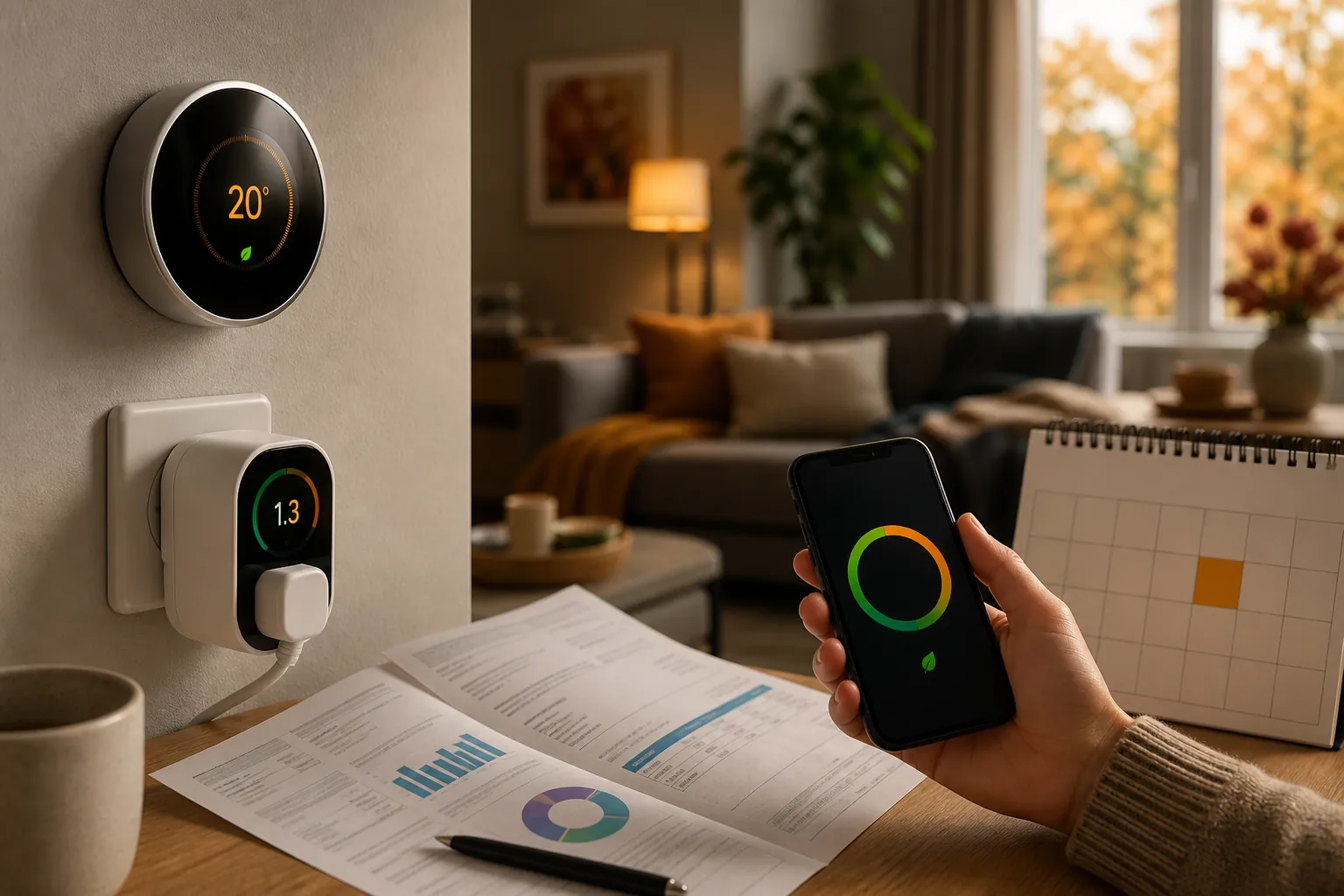 Smart thermostat, energy-monitoring plug, energy chart, bill, and October calendar