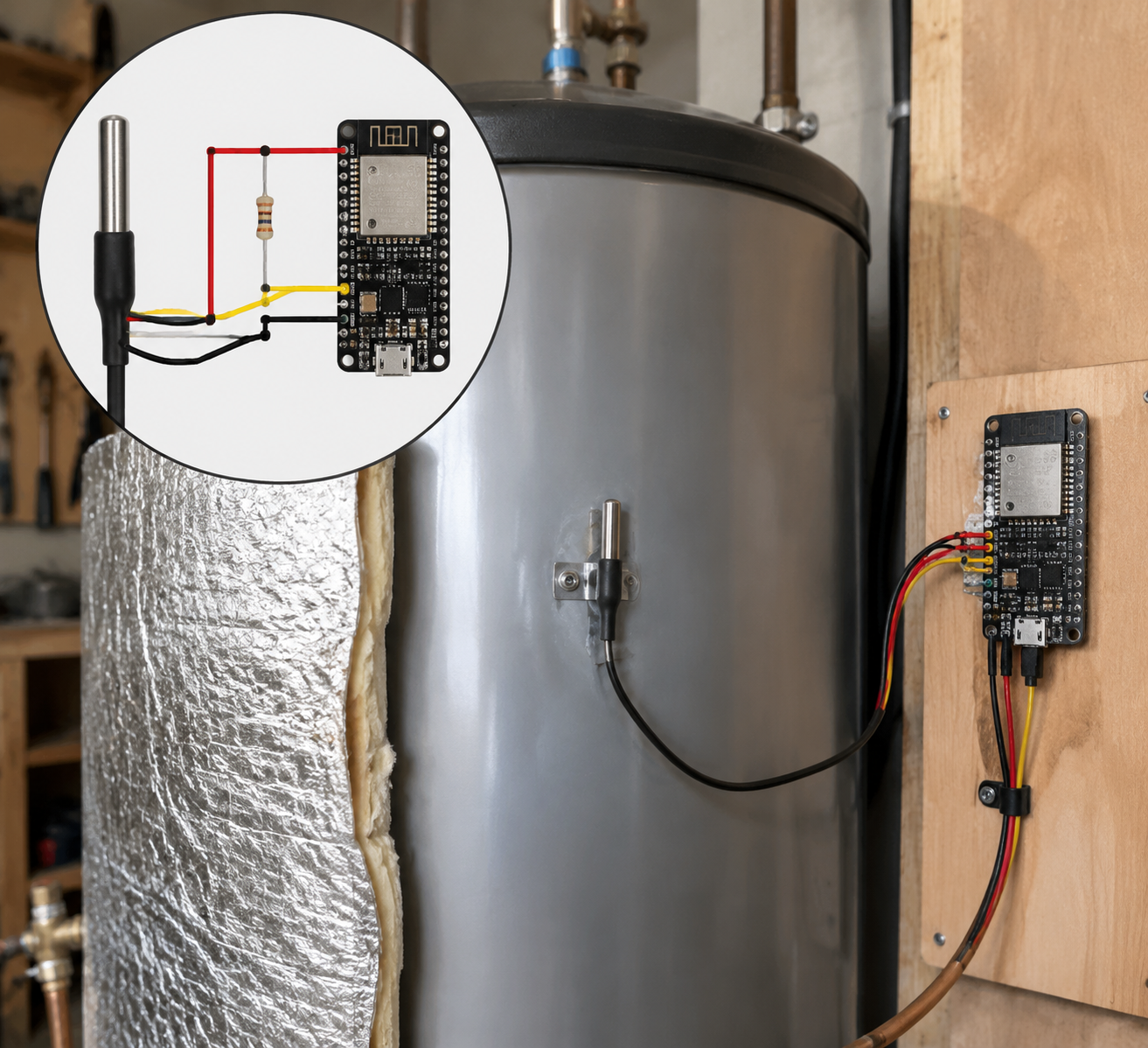 DS18B20 waterproof temperature probe wired to an ESP32 beside a hot water storage tank