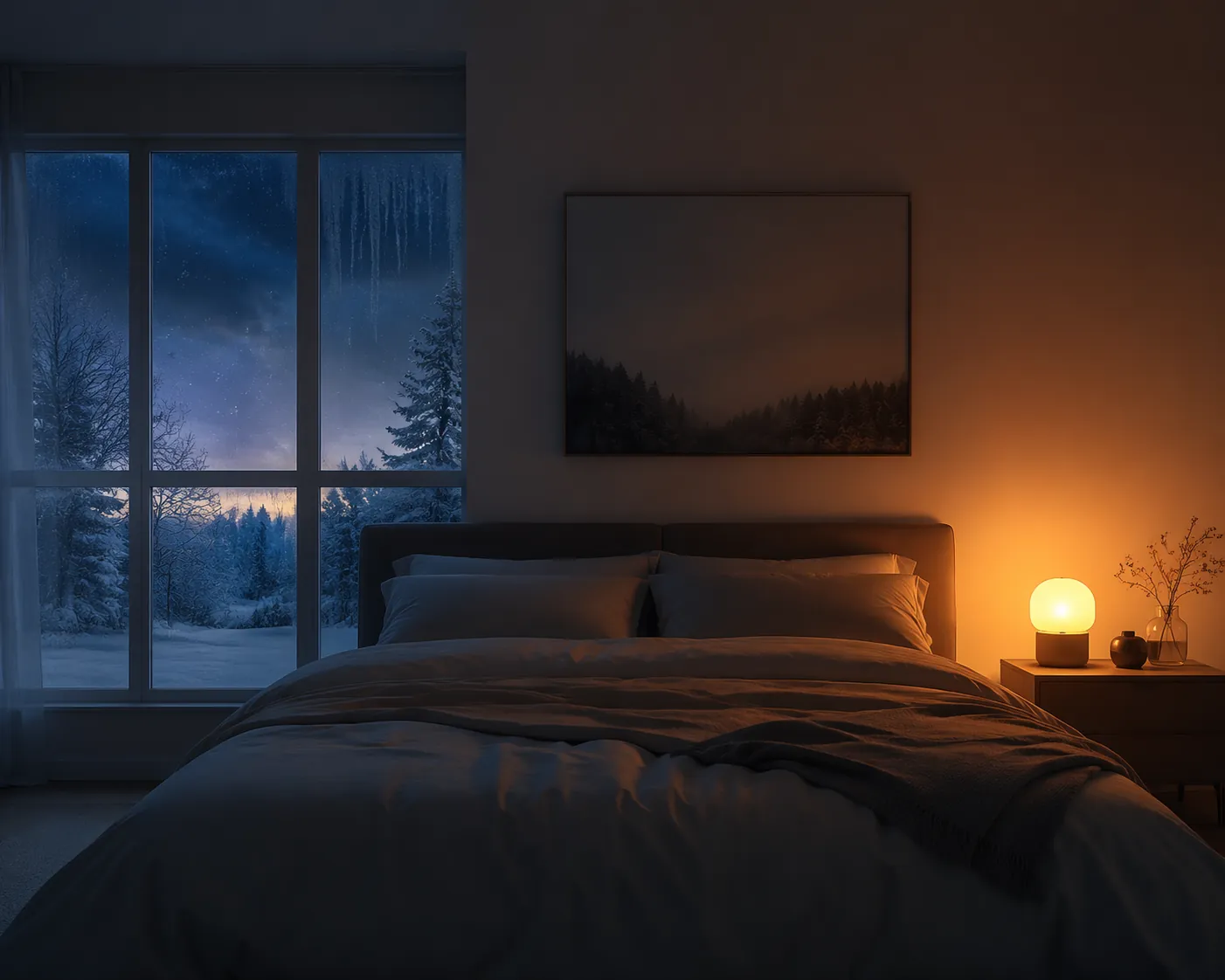 Dark winter bedroom with a bedside smart lamp gradually brightening in warm golden light