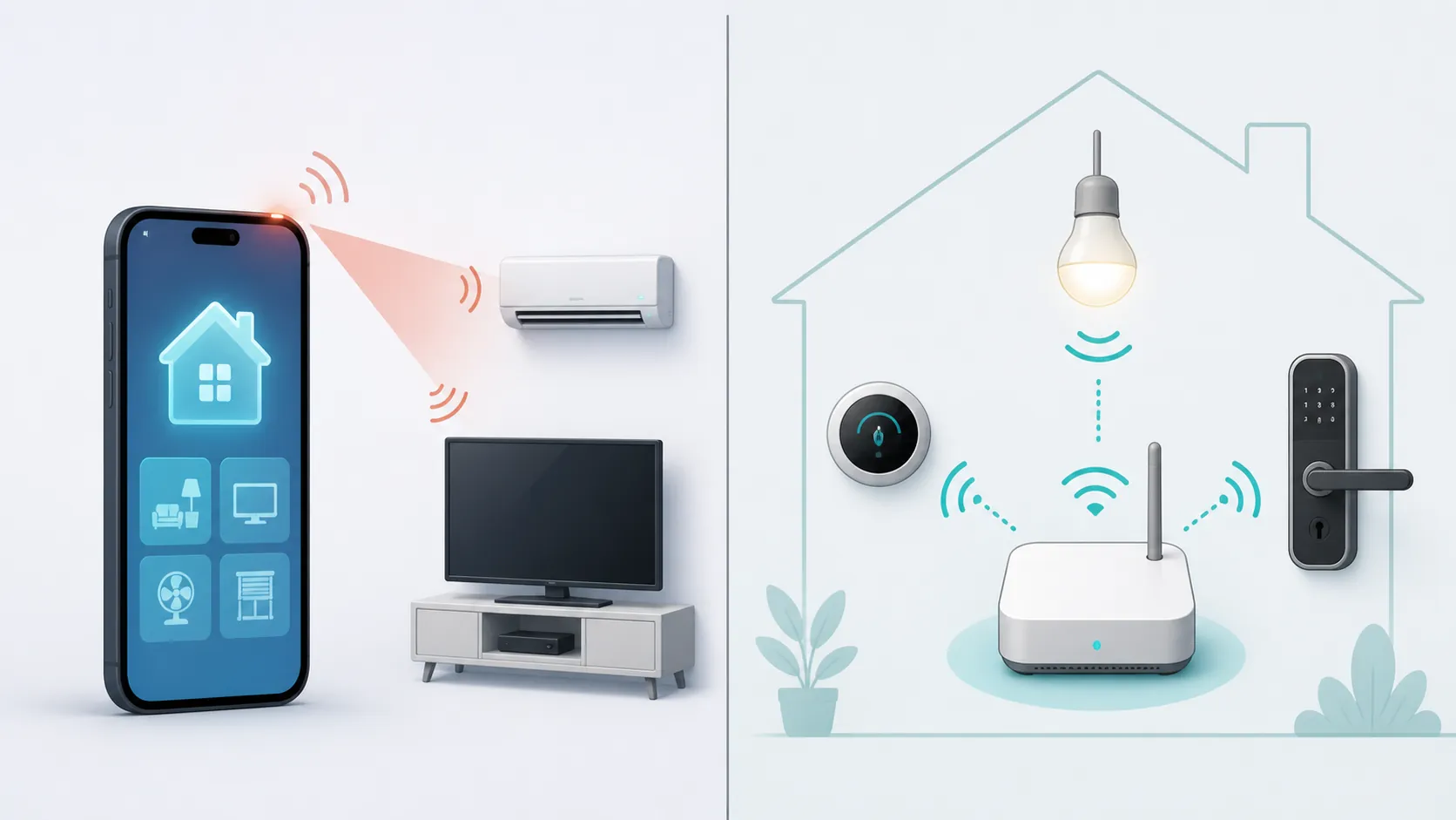Illustration showing a smartphone controlling a house app and infrared devices on one side, and a separate hub connecting to smart-home devices on the other side