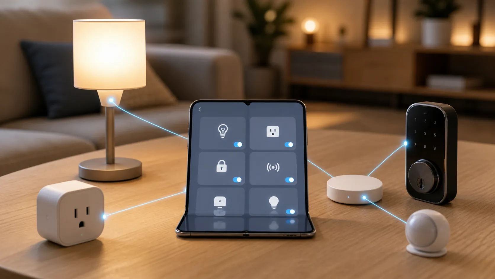Open foldable phone showing smart-home controls with nearby lamp, plug, lock, sensor, and hub connection paths