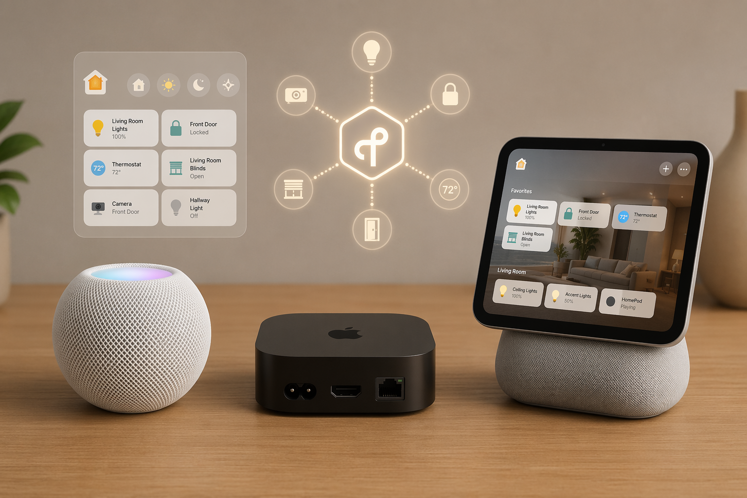 Flat-lay composition on warm wood showing a white HomePod mini (left), an Apple TV 4K with visible Ethernet port (center), and a stylized HomePad concept silhouette with a 7-inch display on a speaker base (right), with faint glowing hexagonal Thread icons and Home app interface overlays floating above them.