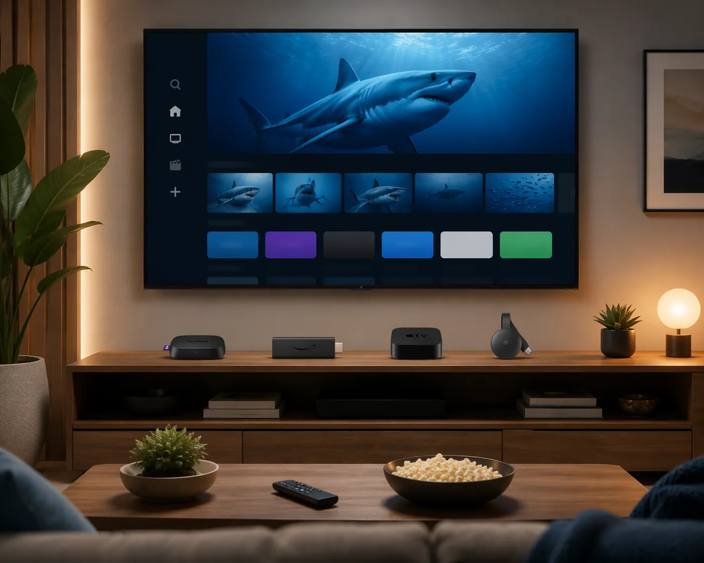 Streaming devices below a TV showing a shark-themed streaming menu