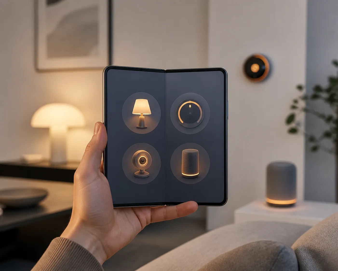 Open foldable smartphone showing smart-home control tiles in a bright living room