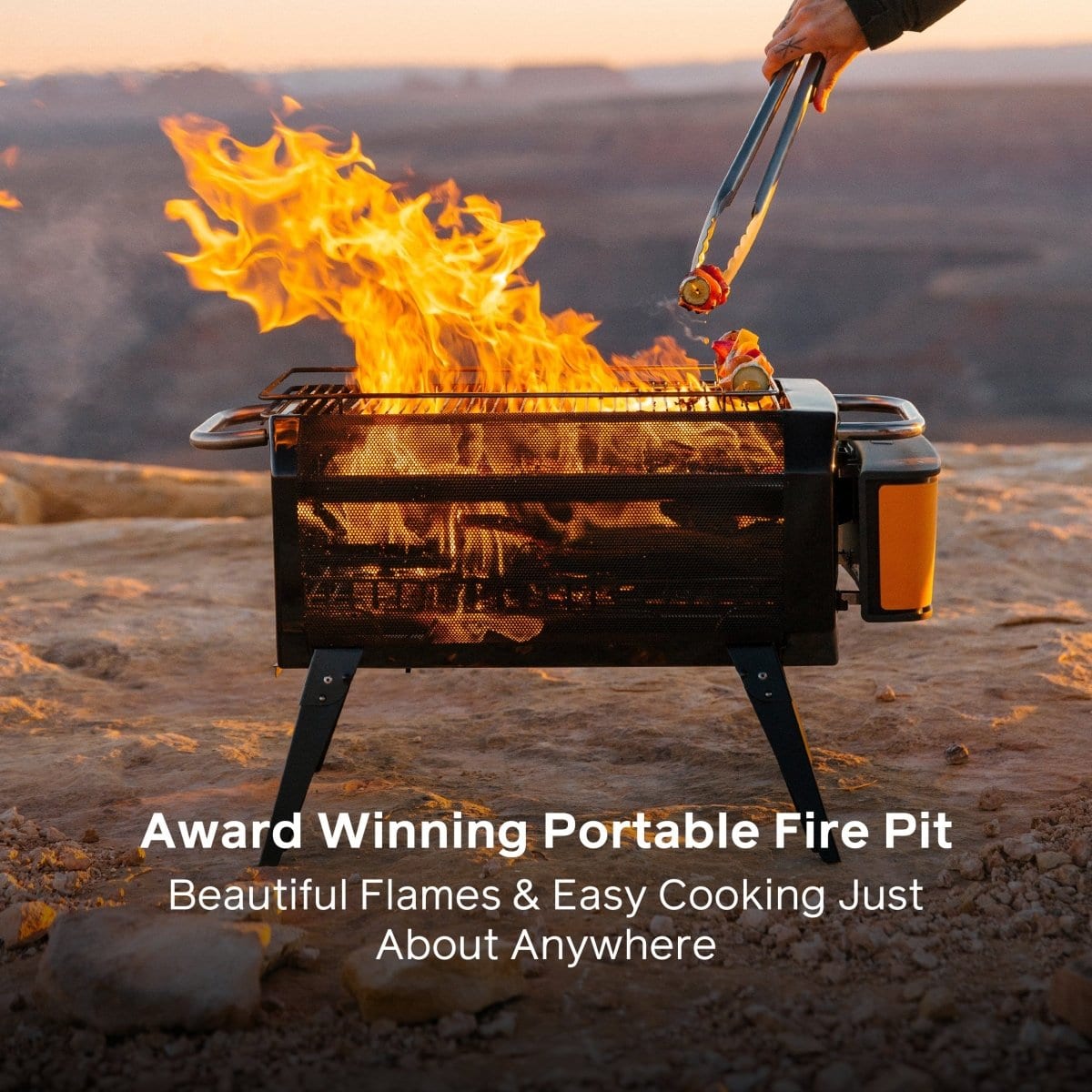 BioLite FirePit+ with cylindrical enamel-coated steel body, upper air vents, mesh spark screen, and front logo