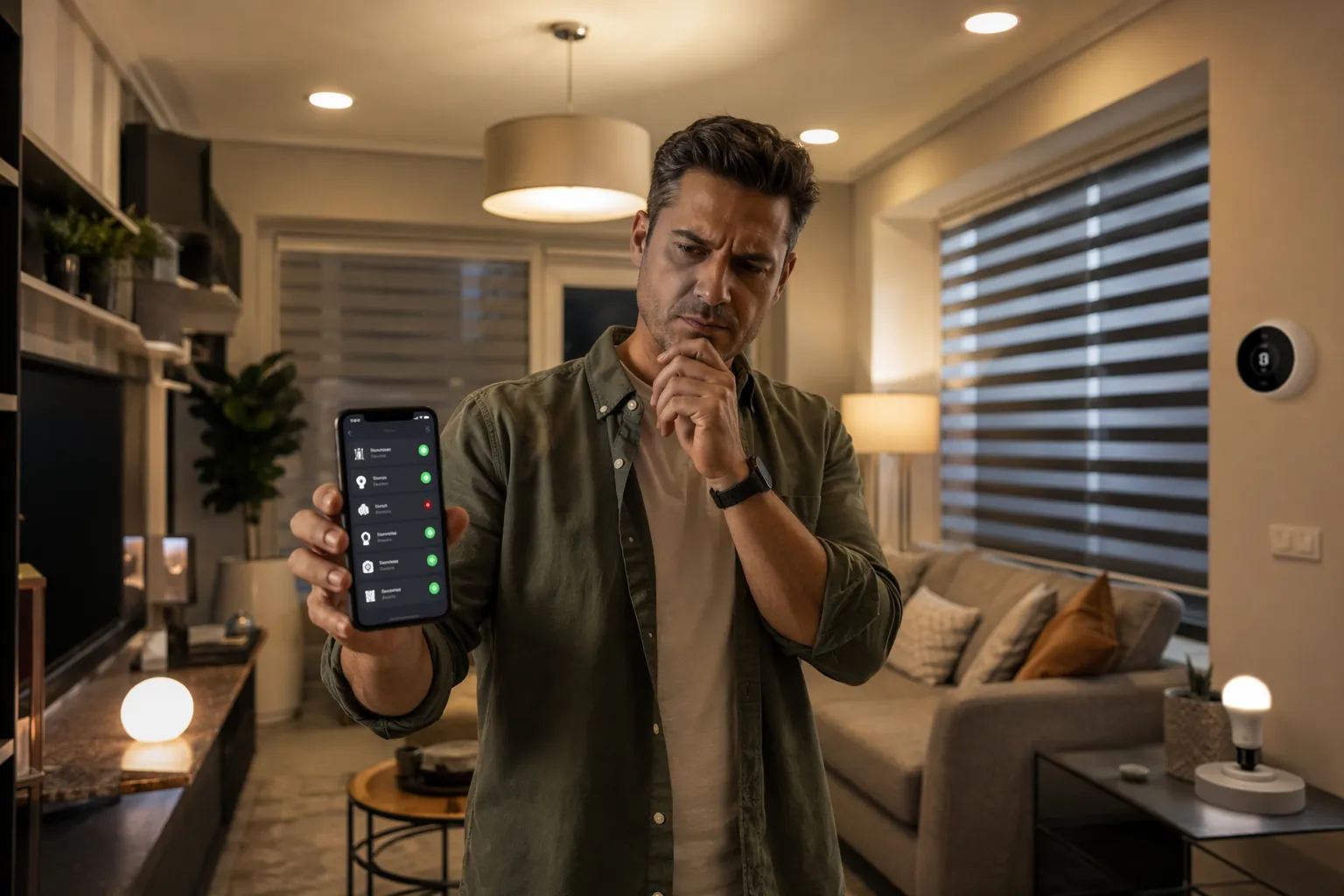 Smart home living room with an iPhone showing a smart home app and one dimmed smart bulb among connected devices