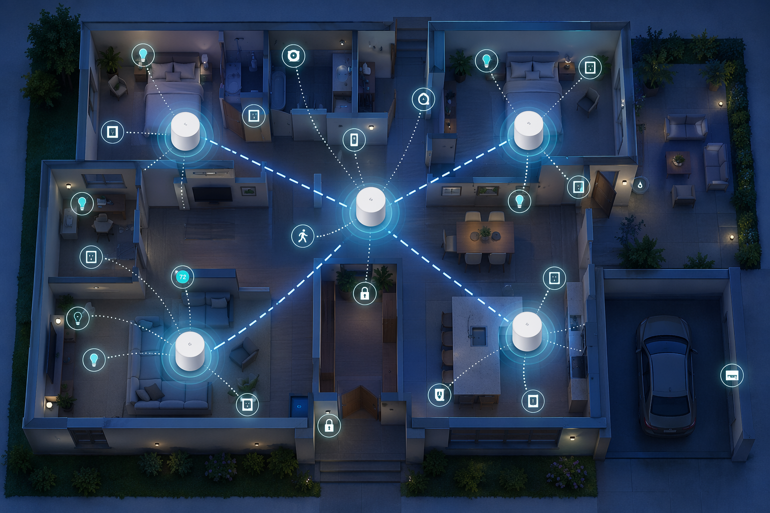 Home floor plan with Wi-Fi 6 and Wi-Fi 6E mesh nodes connected by Ethernet backhaul lines