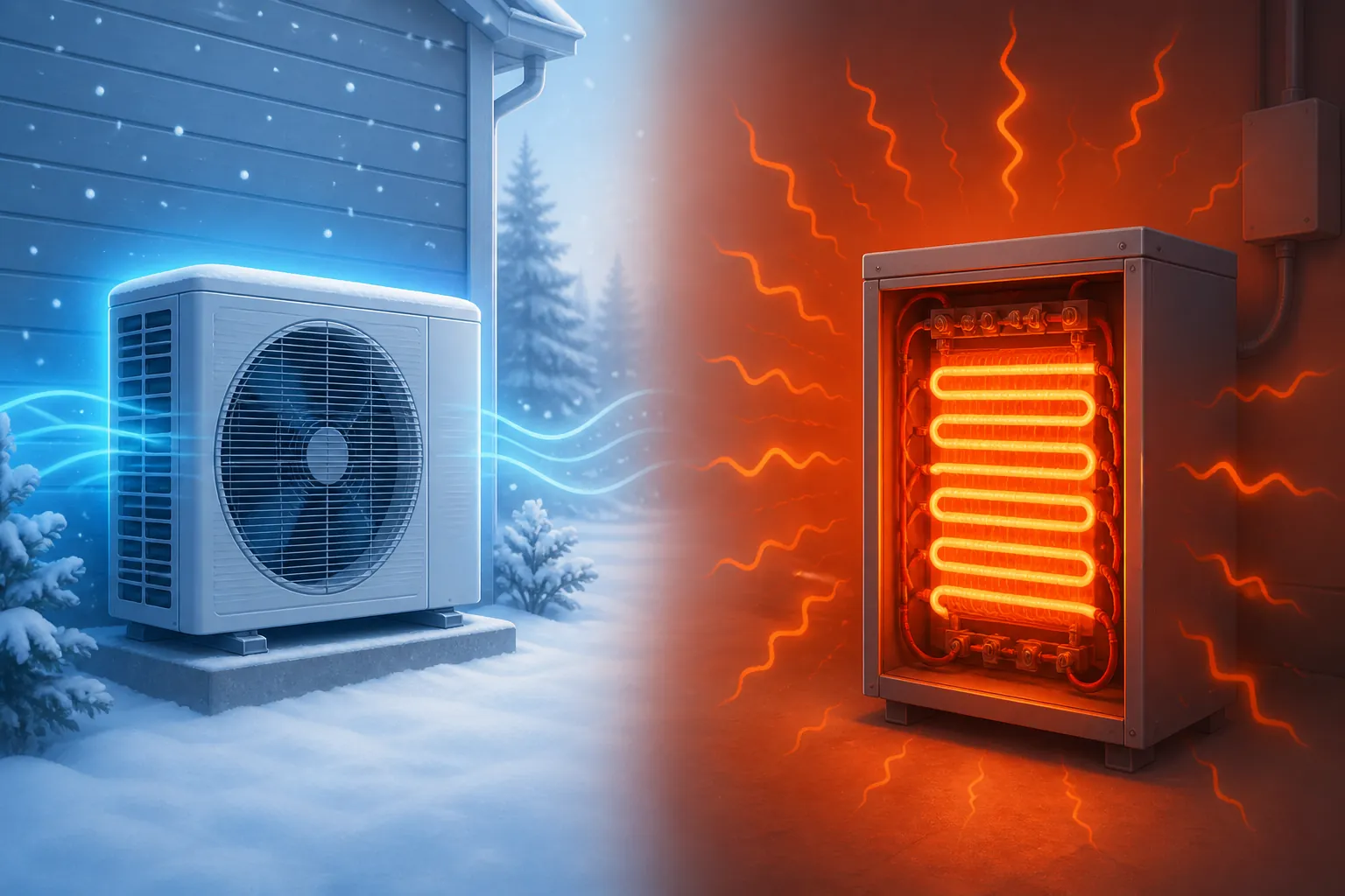 A heat-pump outdoor unit contrasted with glowing electric resistance backup-heating coils