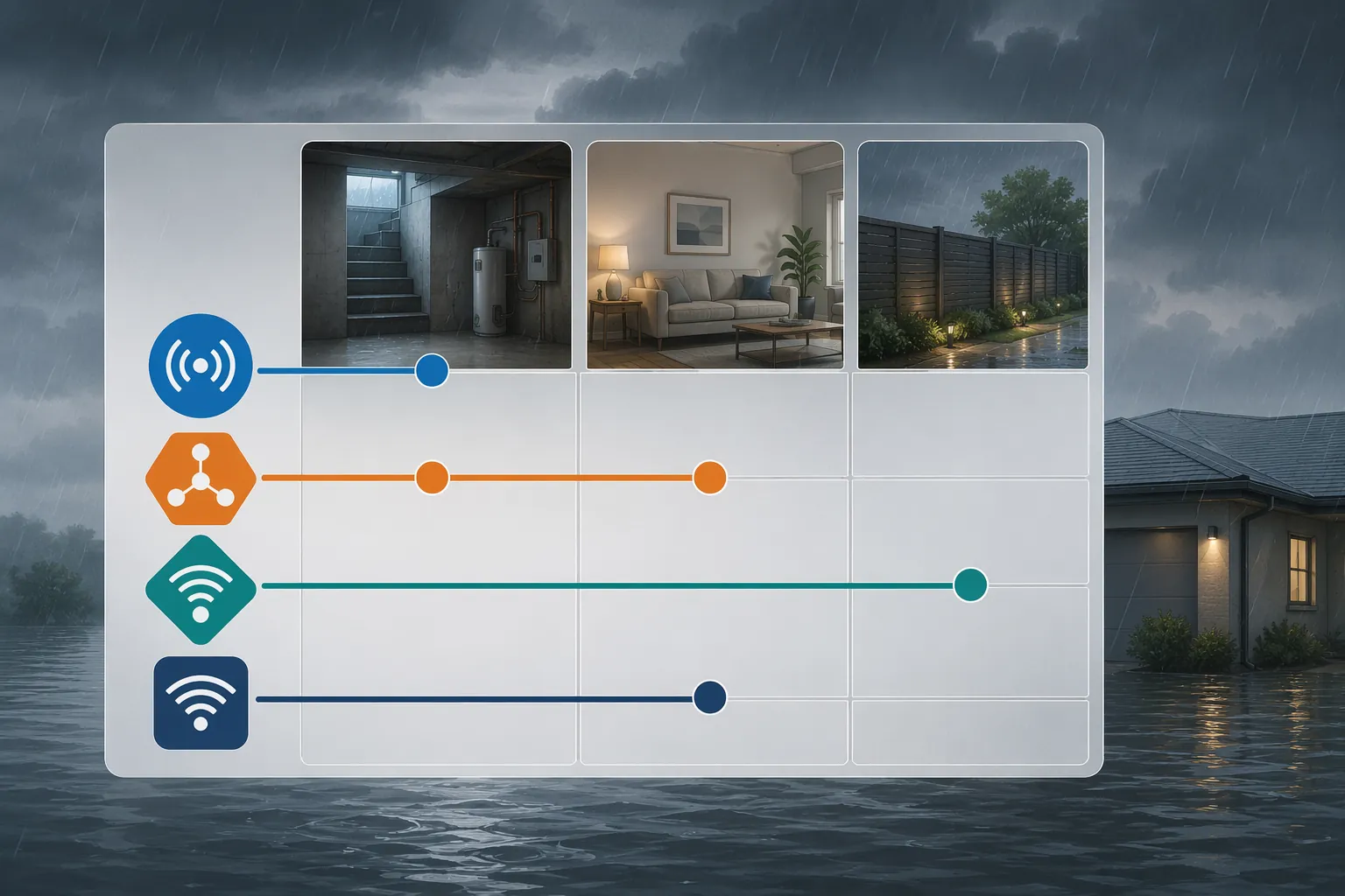 Decision matrix matching Z-Wave, Matter Thread, LoRa, and Wi-Fi to basement, indoor, and outdoor flood-warning environments