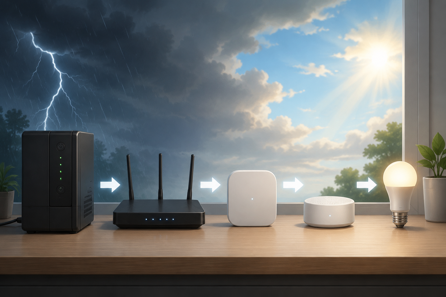 UPS, router, smart home hub, Thread border router, and smart bulb shown in a power-on sequence after a storm
