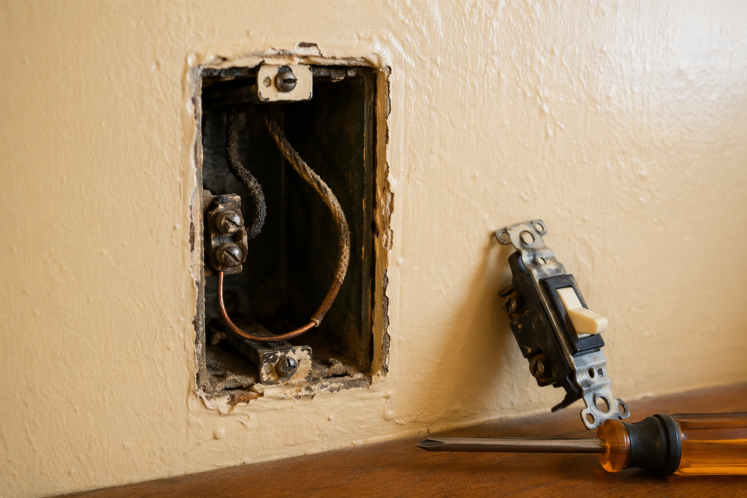 Older switch box with faceplate removed, aged wiring visible, and no neutral bundle present
