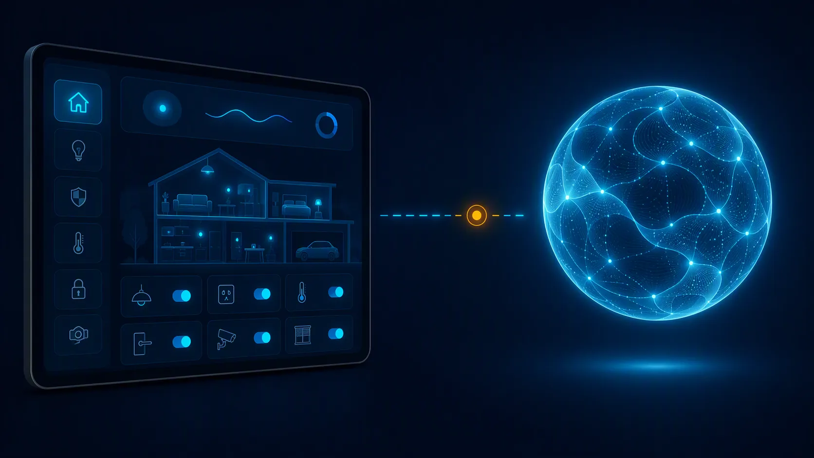 Smart-home dashboard facing an unreleased AI model with a pending connection status