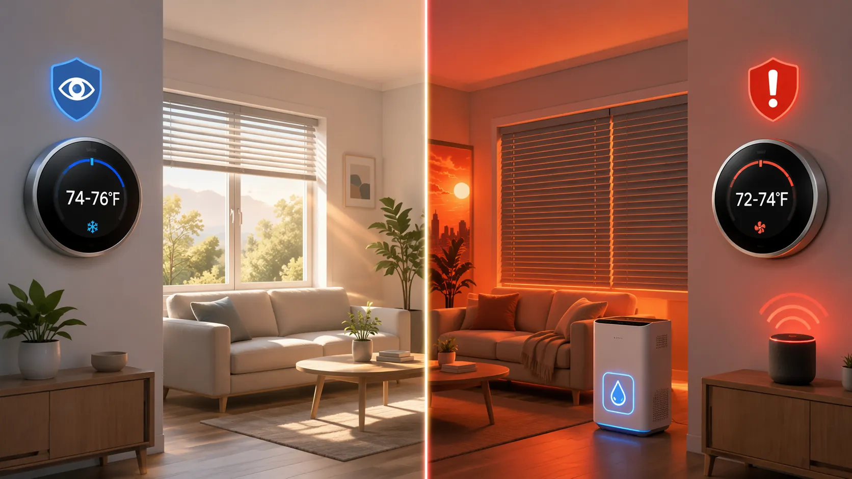 Split smart home illustration showing Watch preparation mode and Warning danger mode