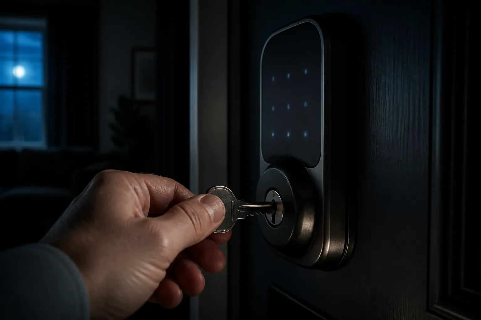Hand inserting a physical key into a modern smart lock below a glowing keypad in the dark