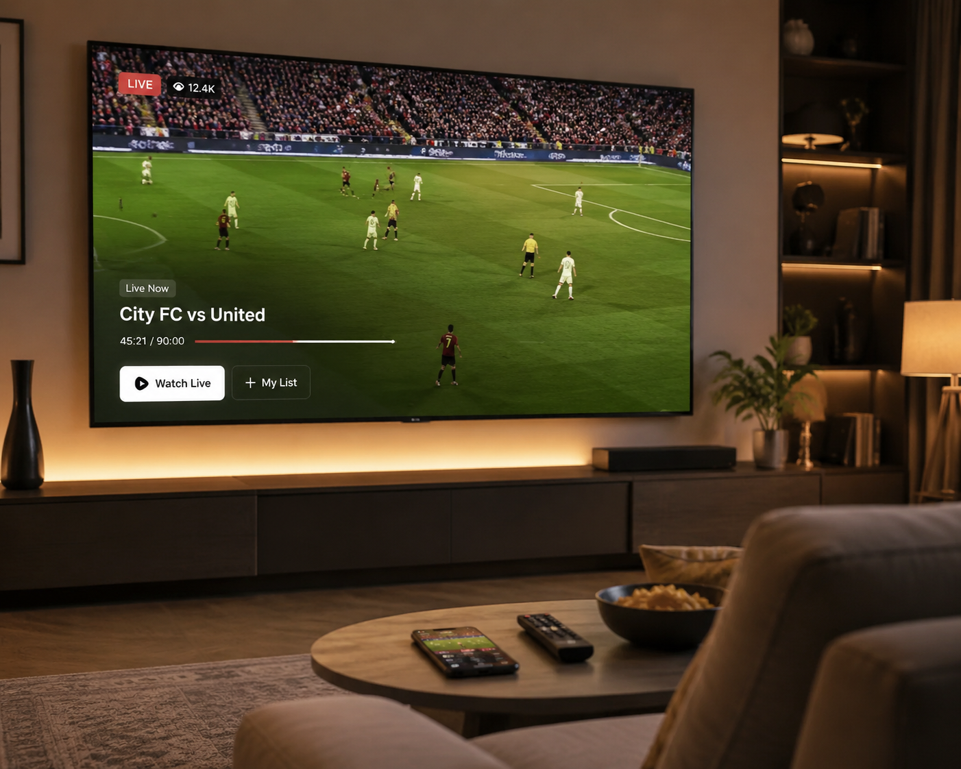 Smart TV in a living room showing a live soccer match