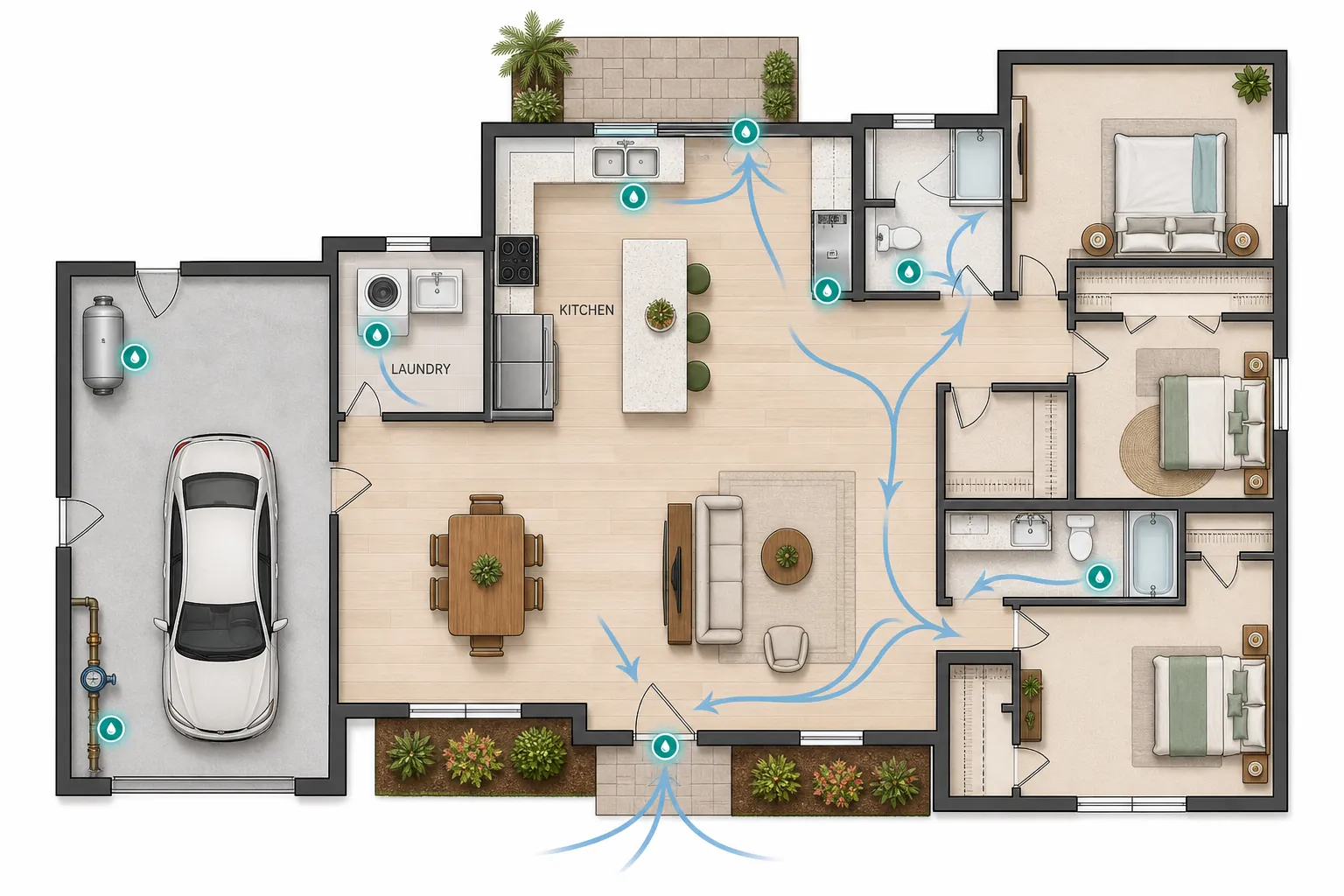 Top-down Central Florida home floor plan with smart water sensor icons at doors, garage utility areas, laundry, kitchen, dishwasher, and bathrooms