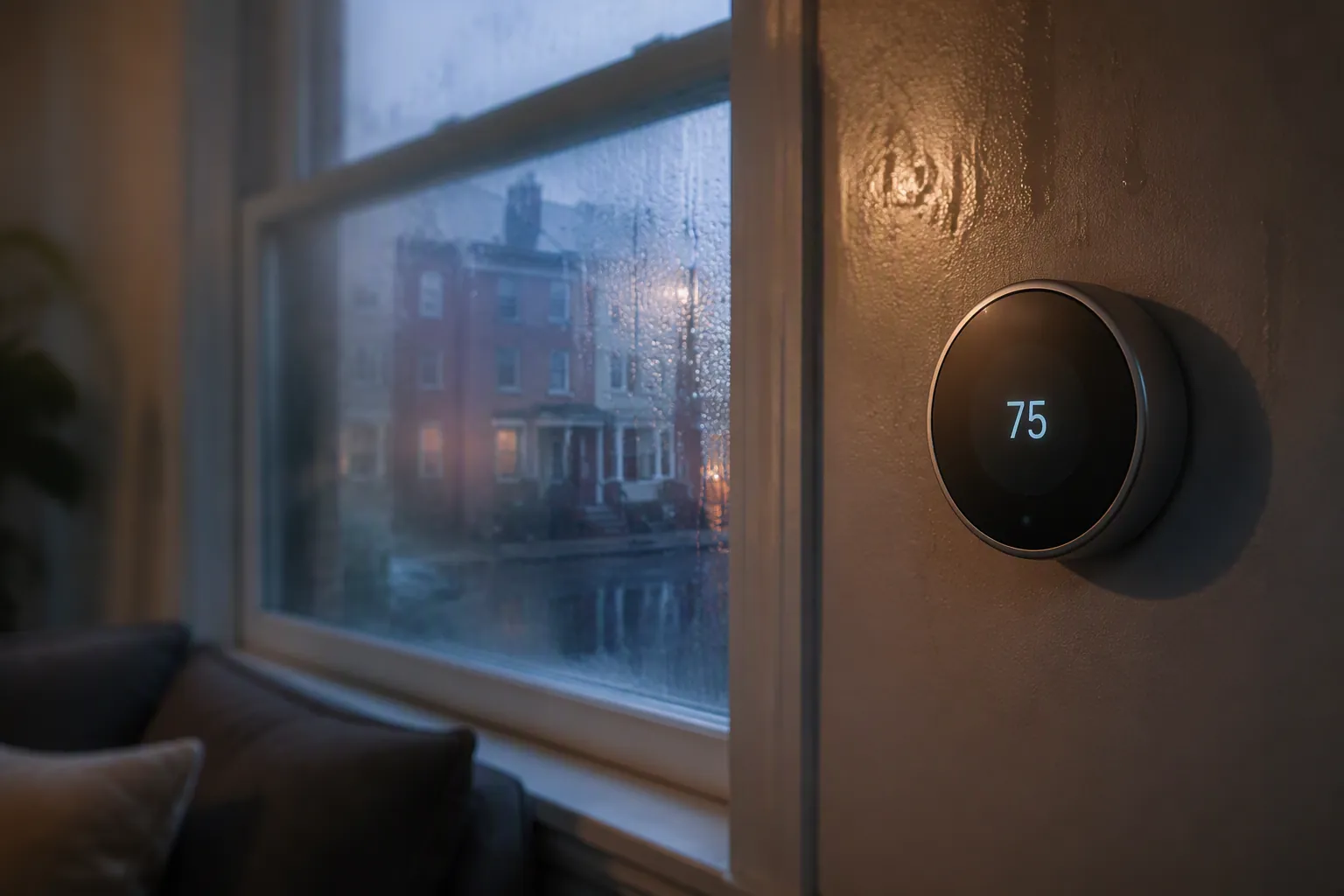 Round smart thermostat in a humid rowhouse interior with condensation on the window