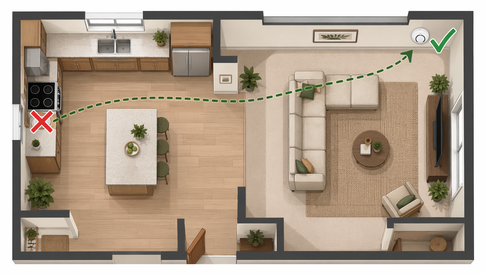 A floor plan showing a bad air quality sensor location near a stove and a better location more than ten feet away