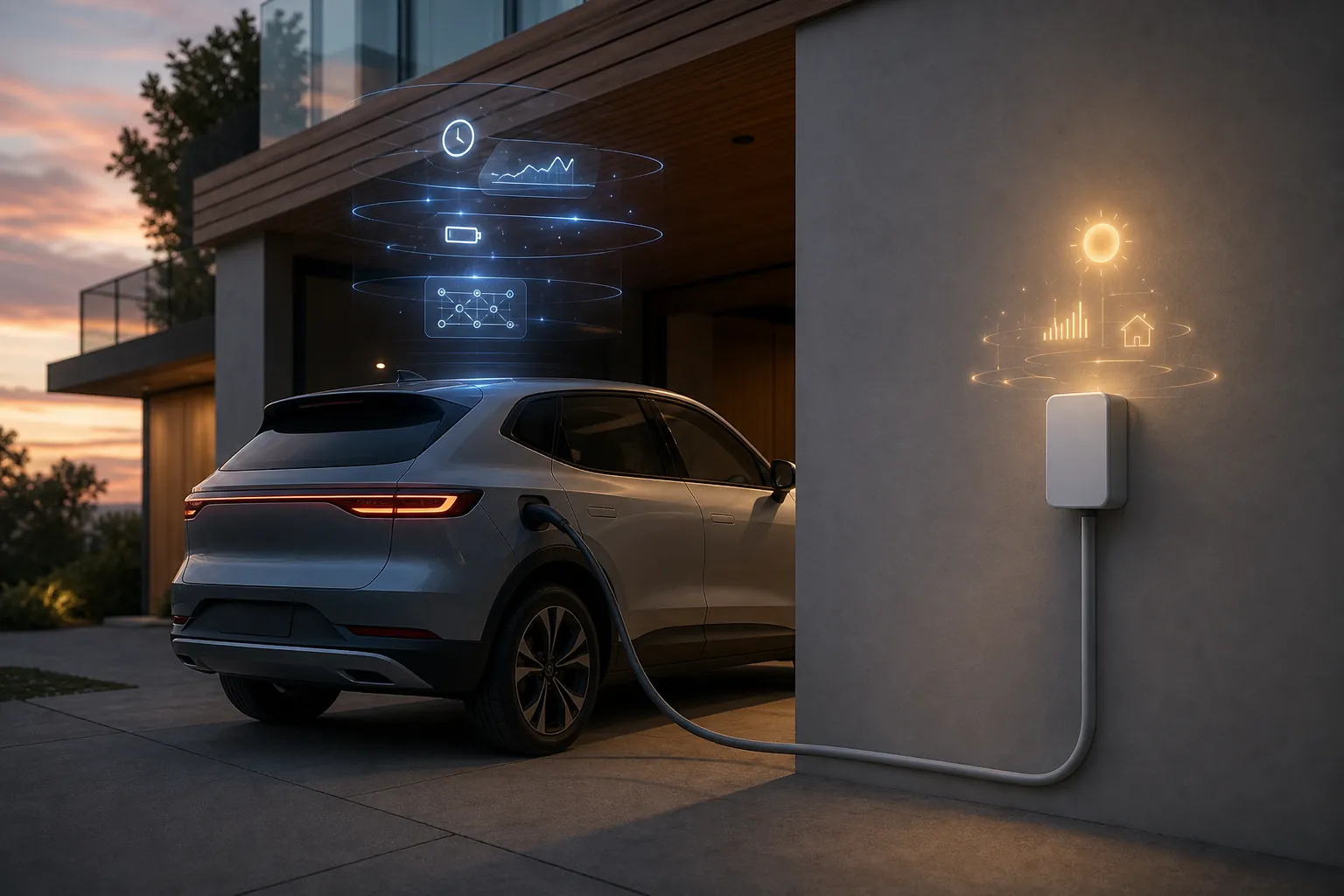 Modern garage with an electric SUV plugged into a wall charger, with abstract controls suggesting charging intelligence in the vehicle and charger software layers
