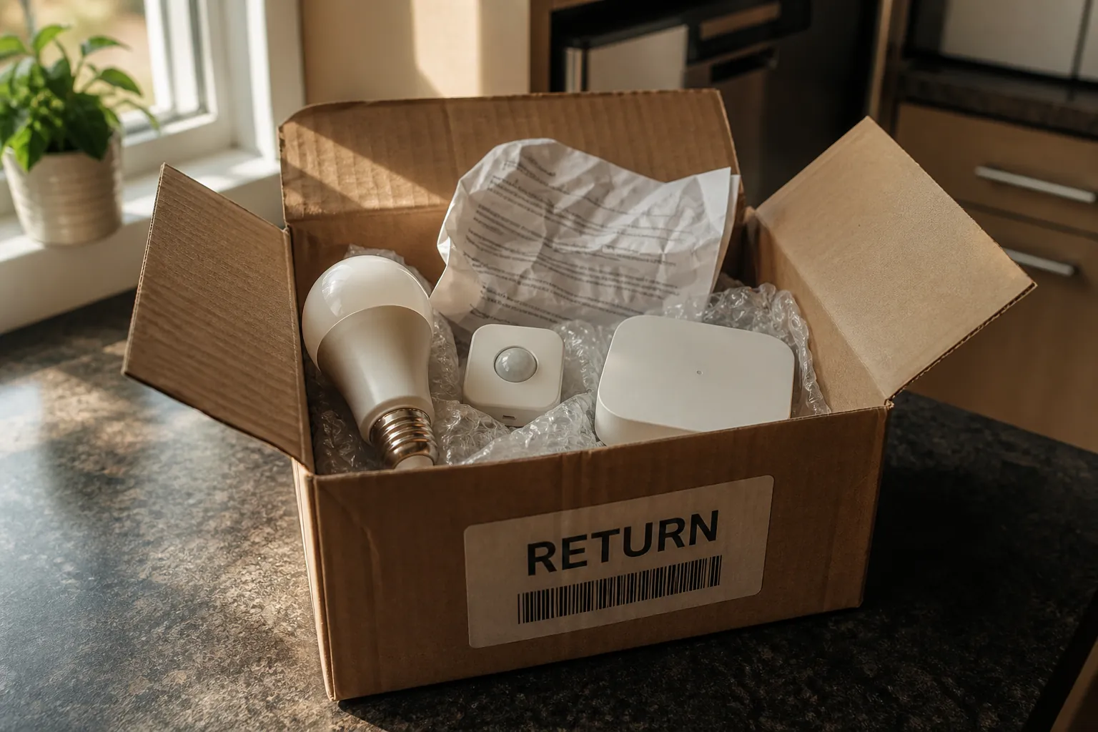 Return box with a smart bulb, motion sensor, hub, and crumpled setup manual on a kitchen counter