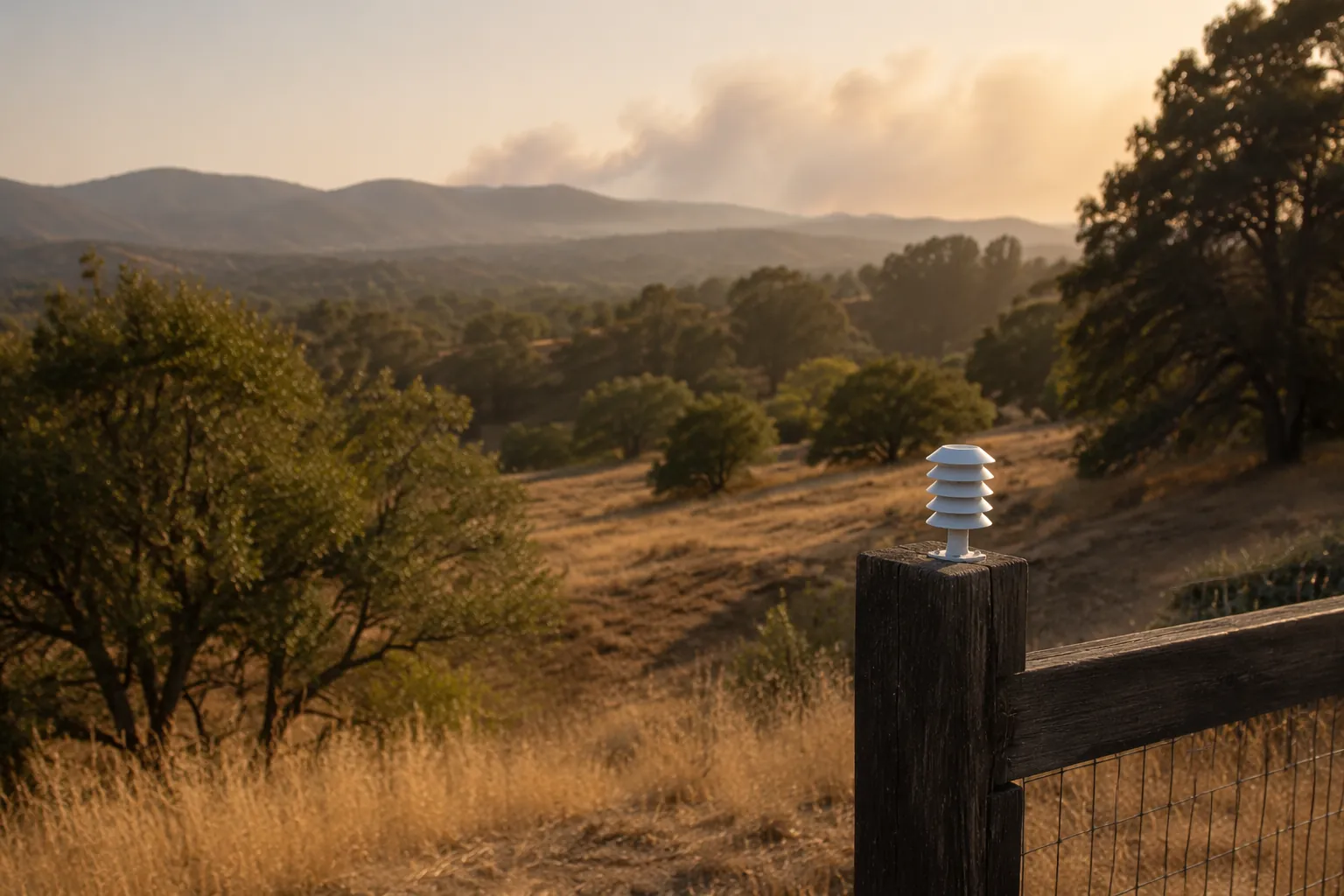 Outdoor environmental sensor mounted on a fence post at a dry wildland-urban property edge