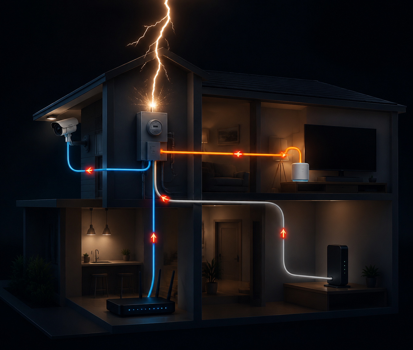 Diagram of surge paths traveling through power, Ethernet, and coax toward smart home devices