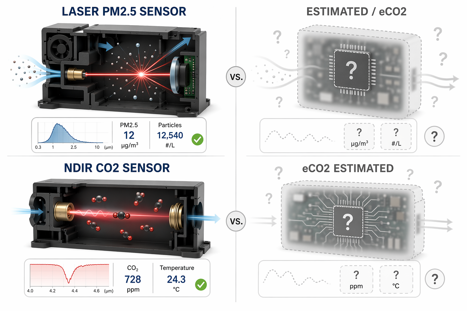 Comparison of laser PM2.5 and NDIR CO2 sensing versus a generic estimated eCO2 chip