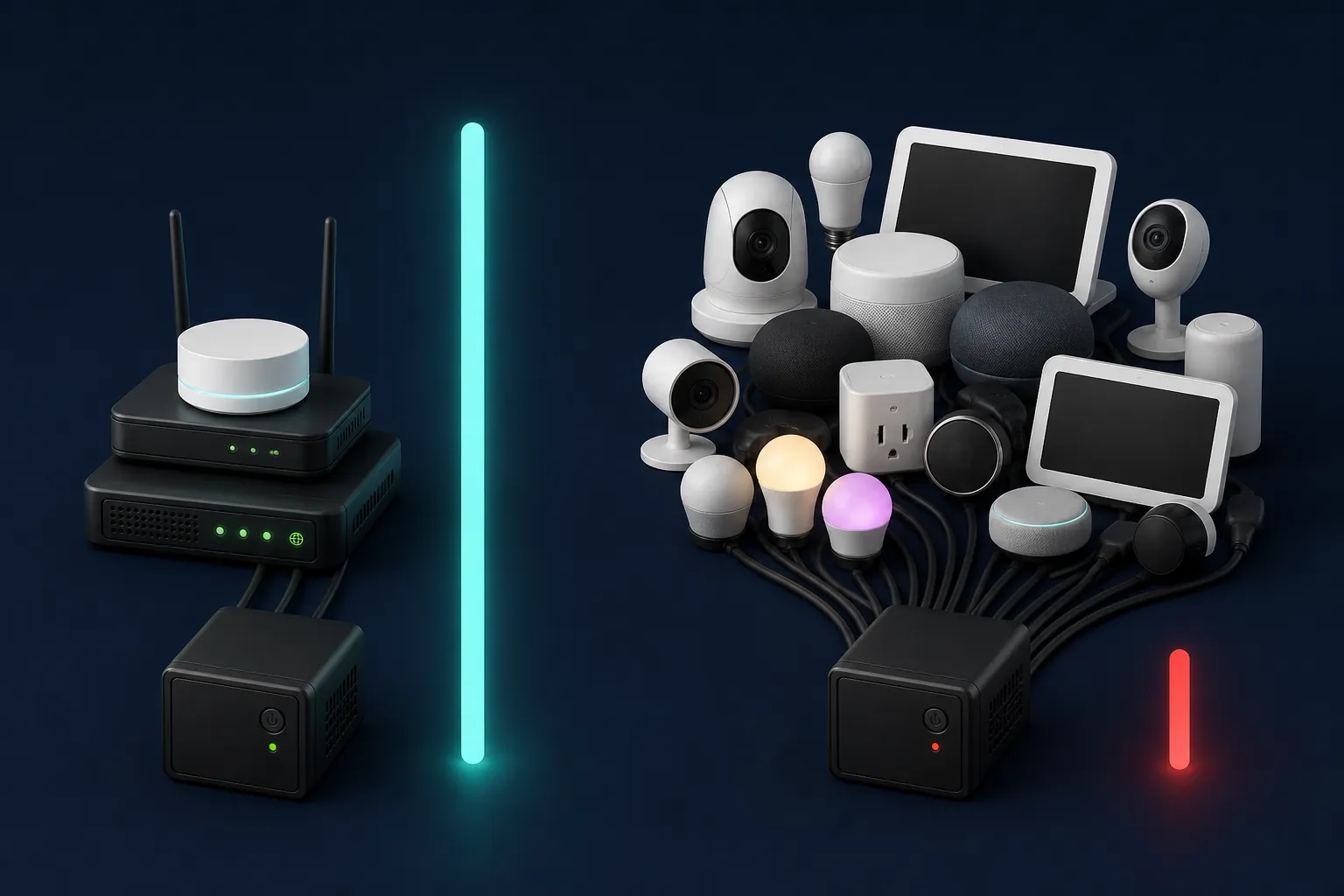 A compact network-core UPS lasts longer than a crowded UPS powering many smart-home devices