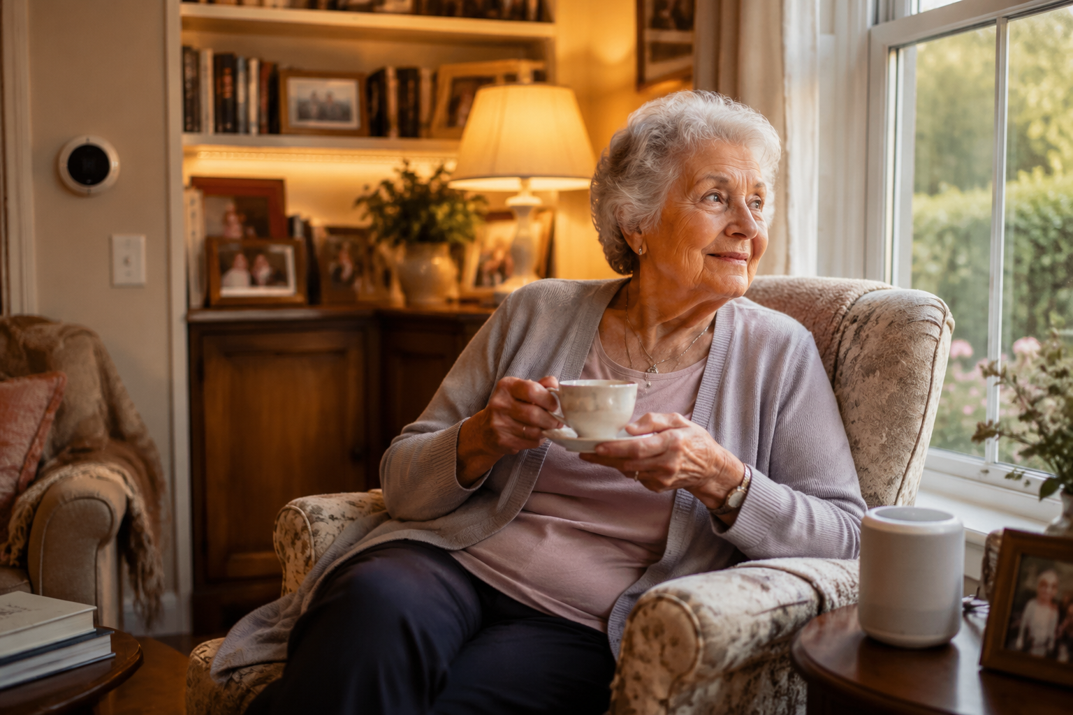 Comfortable living room with an older woman seated near a smart speaker, smart thermostat, and warm adjustable lighting