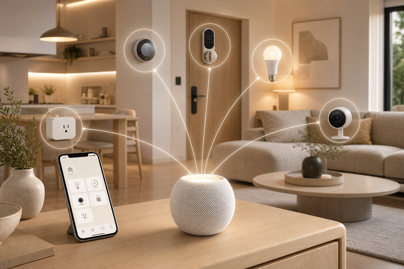 A bright contemporary living room with a white cylindrical smart speaker at the center emitting glowing connection lines to smart home device silhouettes, with an iPhone showing a home control interface on a side table.
