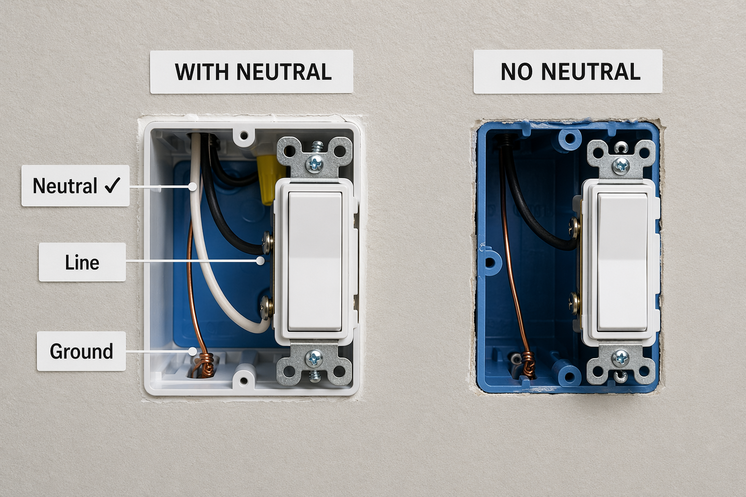 Two open electrical switch boxes comparing a box with a neutral wire to a no-neutral switch box