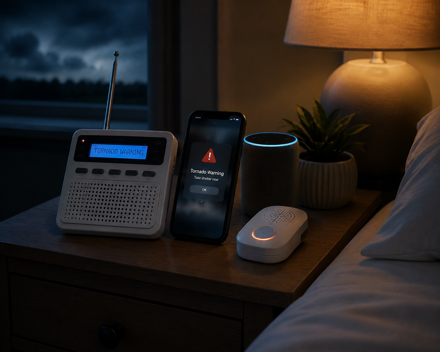 A bedside tornado alert setup with a NOAA weather radio, smartphone alert, smart speaker, and standalone detector arranged as a layered warning system