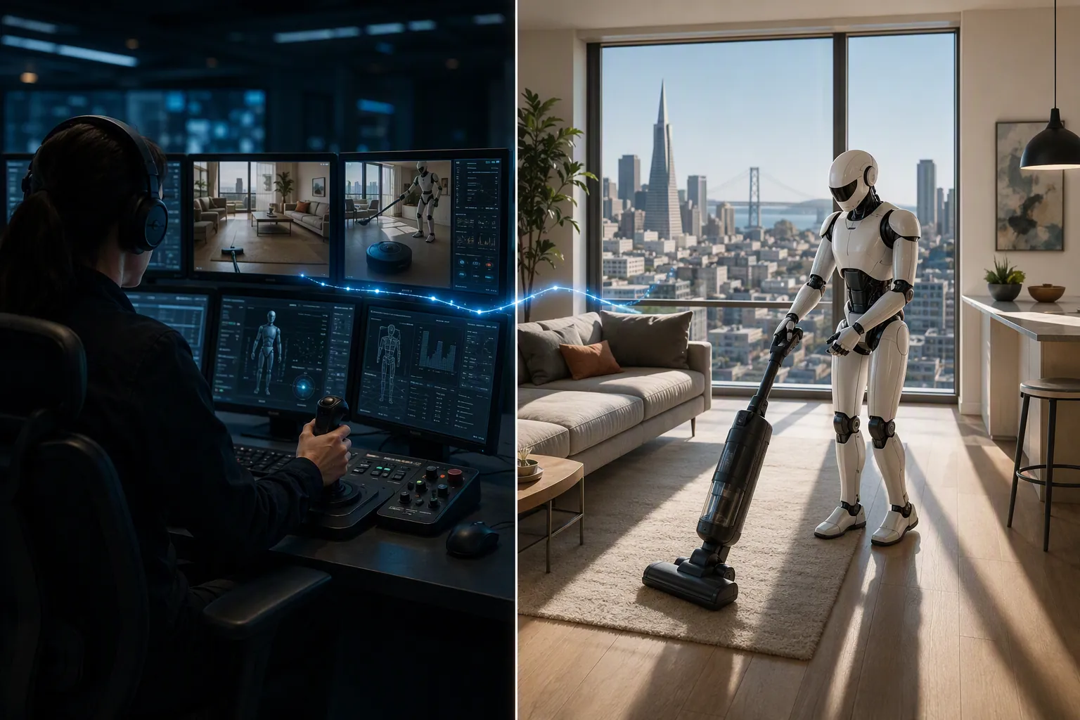 Illustration of a remote human operator connected to a humanoid robot vacuuming an apartment