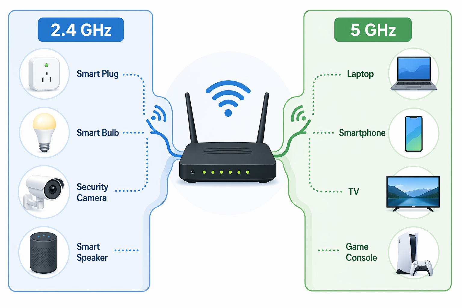 Router splitting IoT devices onto 2.4 GHz and high-bandwidth devices onto 5 GHz