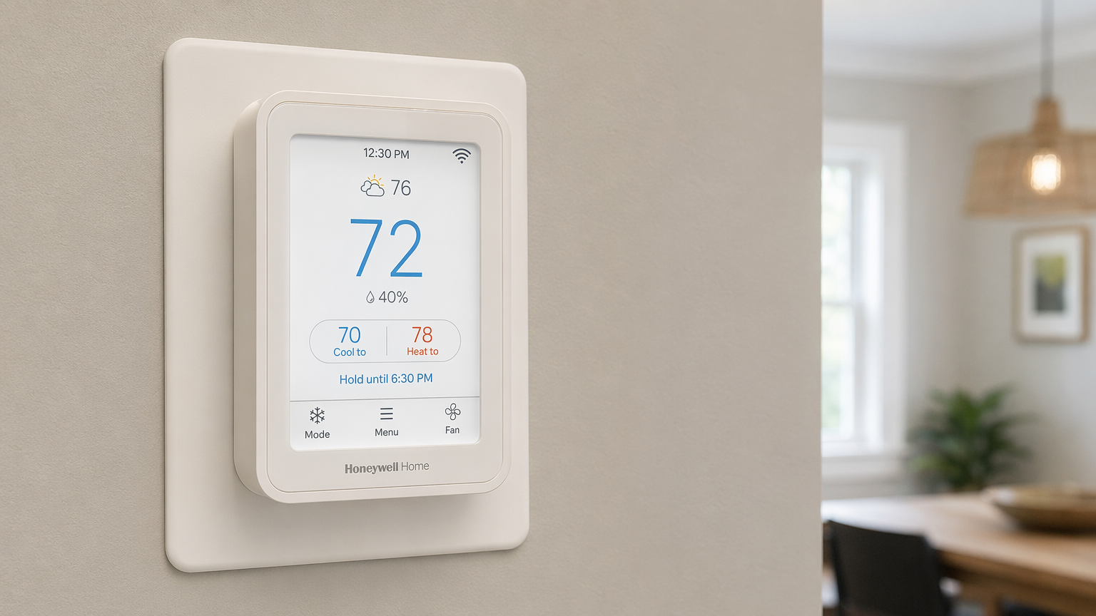 Honeywell Home T9 Smart Thermostat mounted on a wall with a clean touchscreen temperature display