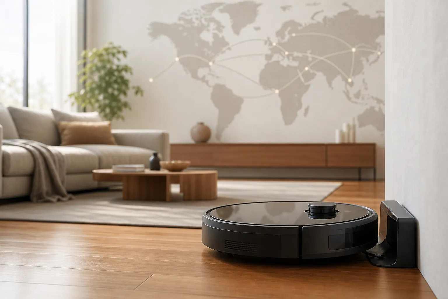 Robot vacuum docked in a calm living room with a blurred world map and shipping-route lines in the background