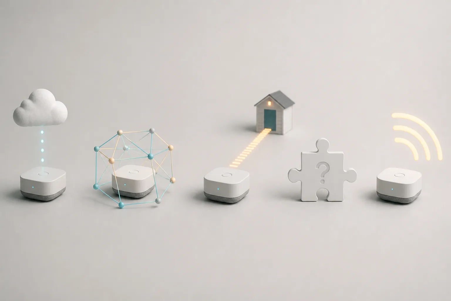 Five generic smart devices showing cloud, mesh, long-range radio, Matter uncertainty, and local signal styles