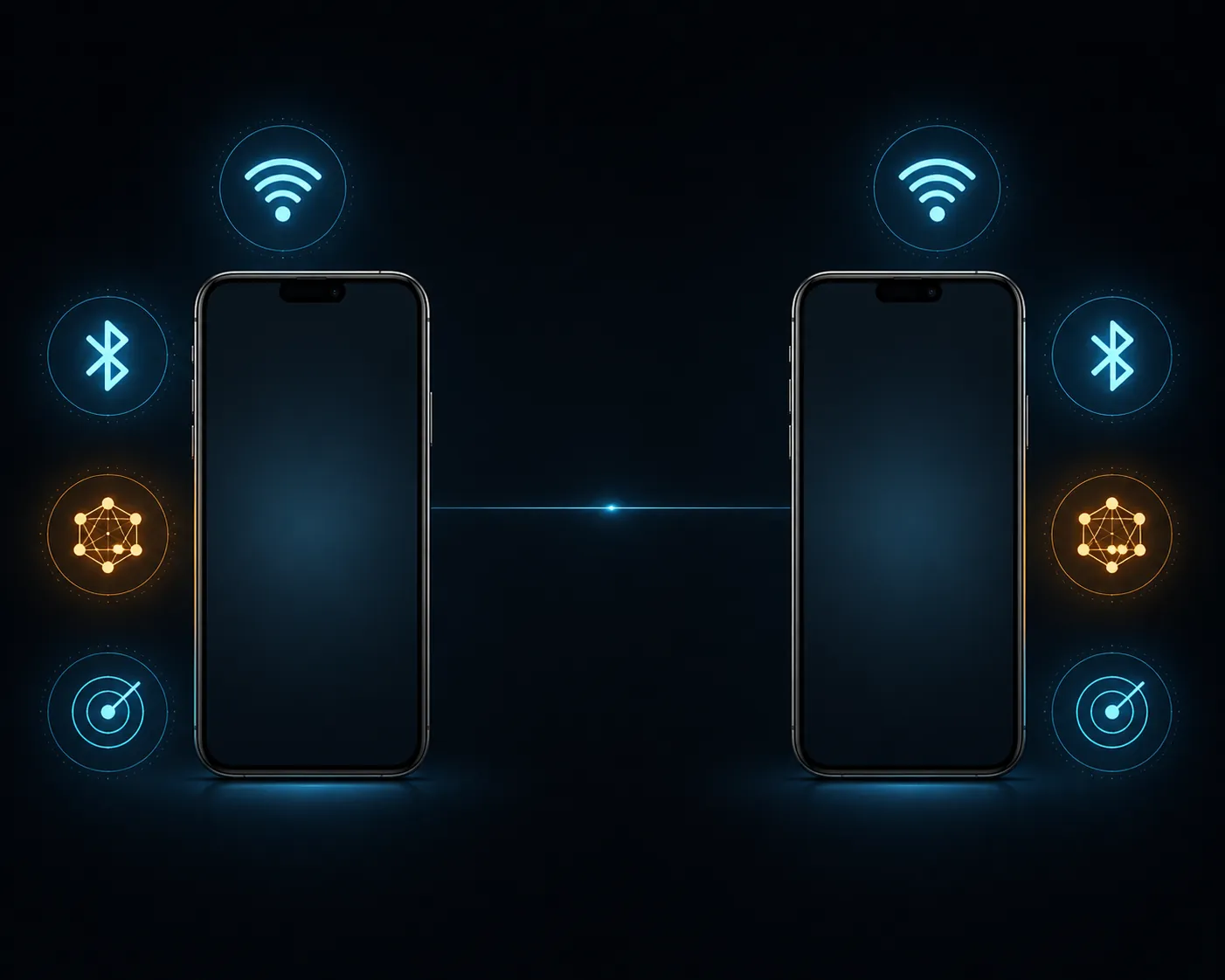 Two phones with matching Wi-Fi, Bluetooth, Thread, and Ultra Wideband protocol icons