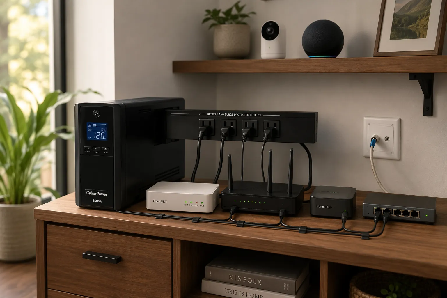 An 850VA tower UPS near a broadband entry point powering a modem, router, smart-home hub, and network switch