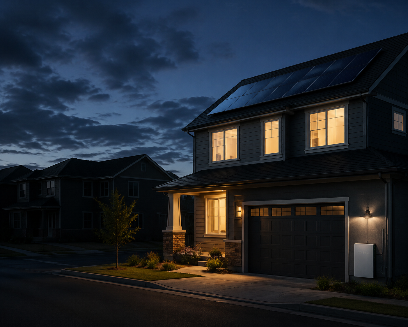 Suburban home with rooftop solar panels and a wall-mounted battery staying lit while neighboring homes are dark during an outage