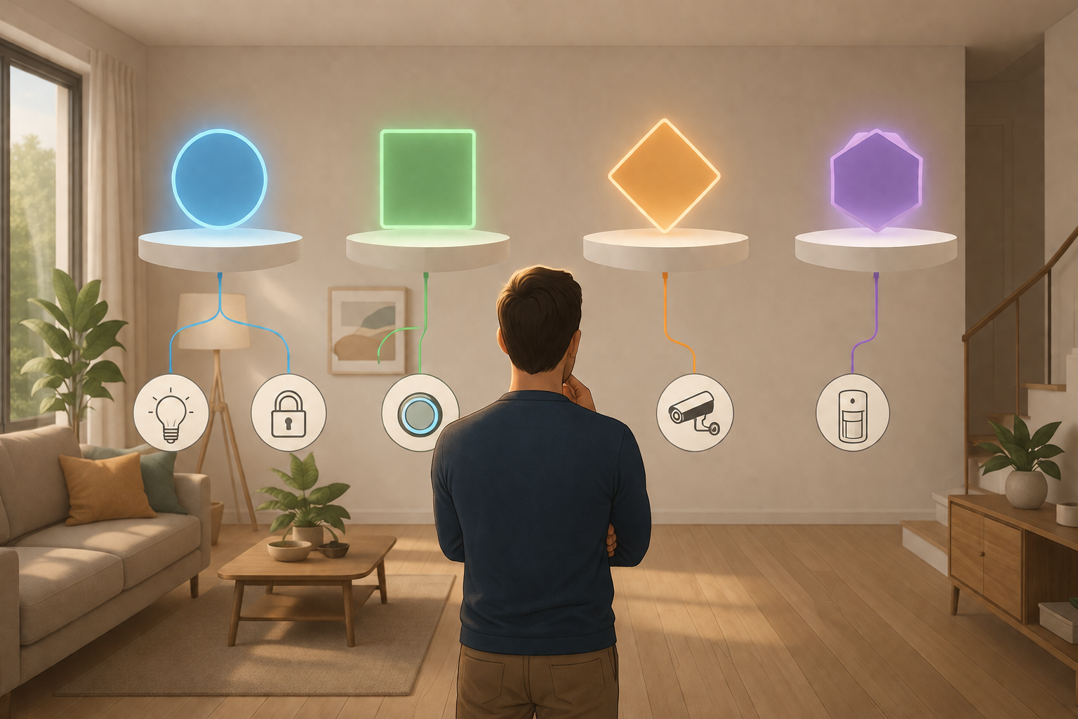 First-time homeowner choosing among smart home platforms connected to lights, locks, thermostats, sensors, and cameras