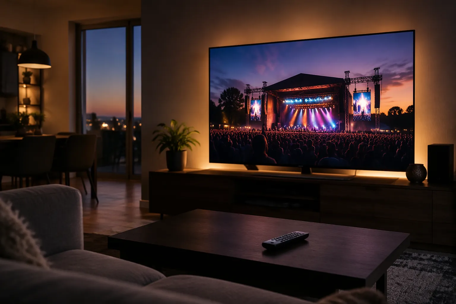 Smart TV showing a live music festival stage in a living room