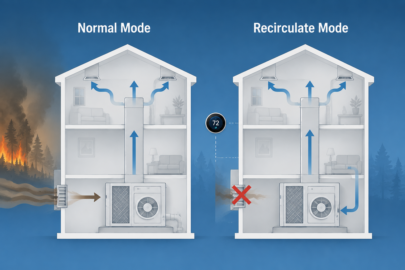 Diagram comparing normal HVAC mode with recirculate mode through a MERV 13 filter